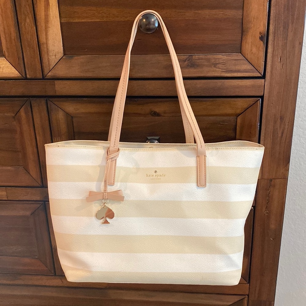 Kate Spade Tote Shoulder Bag Stripes White/Tan Preloved